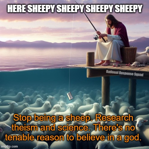 Here sheepy | HERE SHEEPY SHEEPY SHEEPY SHEEPY; Rational Response Squad; Stop being a sheep. Research theism and science. There's no tenable reason to believe in a god. | image tagged in jesus,fishing,sheep,sheeple | made w/ Imgflip meme maker