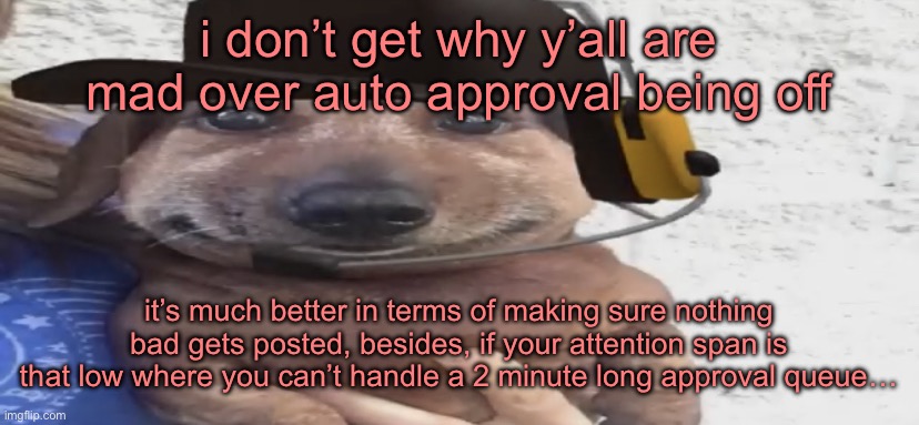 chucklenuts | i don’t get why y’all are mad over auto approval being off; it’s much better in terms of making sure nothing bad gets posted, besides, if your attention span is that low where you can’t handle a 2 minute long approval queue… | image tagged in chucklenuts | made w/ Imgflip meme maker