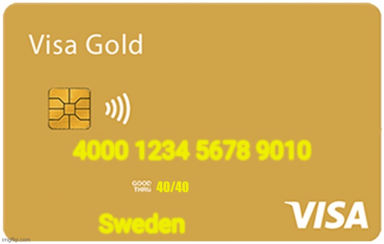My Credit Card | 4000 1234 5678 9010; 40/40; Sweden | image tagged in visa gold credit card | made w/ Imgflip meme maker