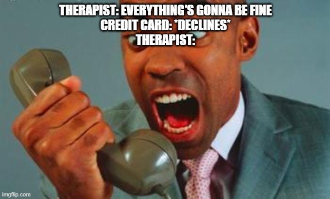 thera-pissed | THERAPIST: EVERYTHING'S GONNA BE FINE
CREDIT CARD: *DECLINES*
THERAPIST: | image tagged in black guy yelling on phone,credit card,therapist | made w/ Imgflip meme maker