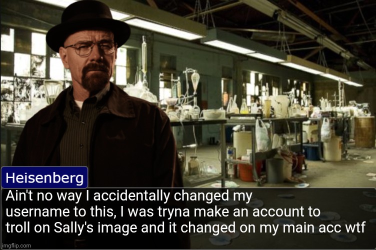 Heisenberg objection template | Ain't no way I accidentally changed my username to this, I was tryna make an account to troll on Sally's image and it changed on my main acc wtf | image tagged in heisenberg objection template | made w/ Imgflip meme maker