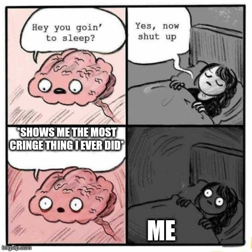 Hey you going to sleep? | *SHOWS ME THE MOST CRINGE THING I EVER DID*; ME | image tagged in hey you going to sleep | made w/ Imgflip meme maker