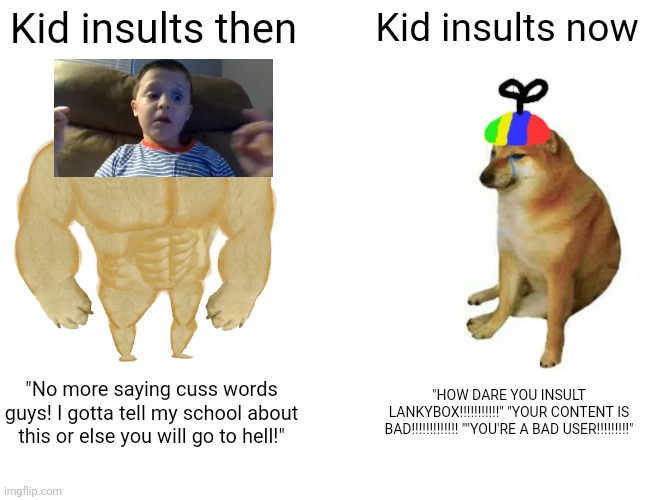 Honestly, the old kid insults were ironic | Kid insults then; Kid insults now; "No more saying cuss words guys! I gotta tell my school about this or else you will go to hell!"; "HOW DARE YOU INSULT LANKYBOX!!!!!!!!!!!" "YOUR CONTENT IS BAD!!!!!!!!!!!!! ""YOU'RE A BAD USER!!!!!!!!!" | image tagged in memes,buff doge vs cheems,young people youtube,kids,kid insults,lankybox | made w/ Imgflip meme maker