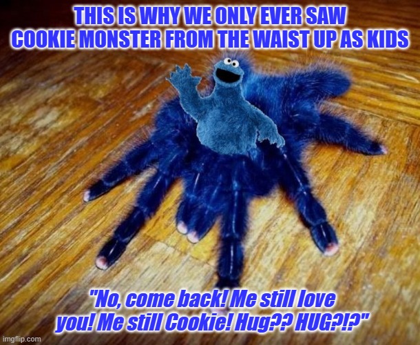 Sesame - Elm Street Corner | THIS IS WHY WE ONLY EVER SAW COOKIE MONSTER FROM THE WAIST UP AS KIDS; "No, come back! Me still love you! Me still Cookie! Hug?? HUG?!?" | image tagged in cookierantula | made w/ Imgflip meme maker