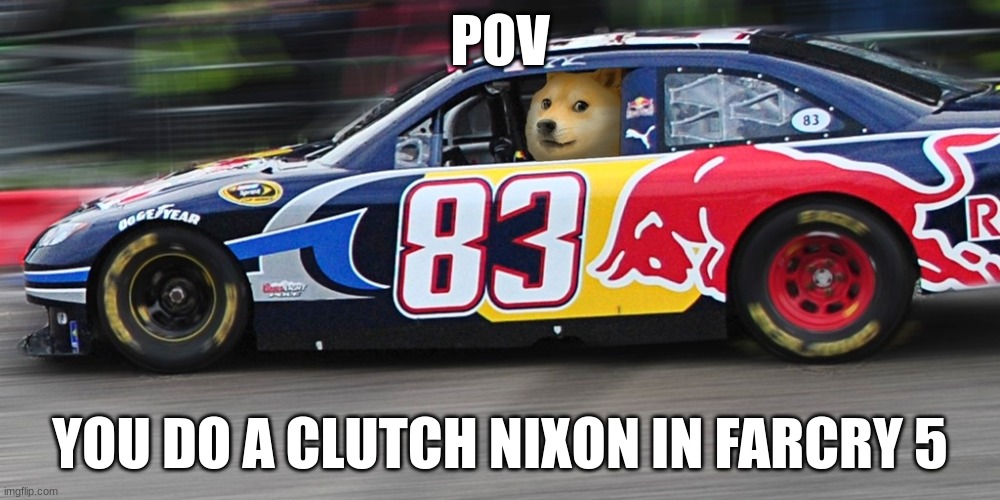 farcry 5 meme1 | POV; YOU DO A CLUTCH NIXON IN FARCRY 5 | image tagged in race car doge | made w/ Imgflip meme maker