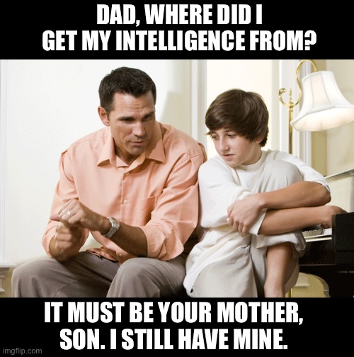 Intelligence | DAD, WHERE DID I GET MY INTELLIGENCE FROM? IT MUST BE YOUR MOTHER, SON. I STILL HAVE MINE. | image tagged in dad talks to son | made w/ Imgflip meme maker