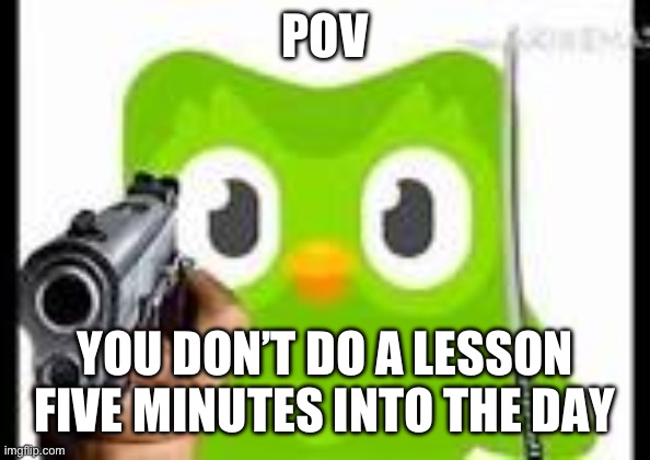 Dou | POV; YOU DON’T DO A LESSON FIVE MINUTES INTO THE DAY | image tagged in doulingo holding a gun | made w/ Imgflip meme maker