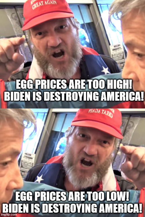 MAGA can't make up its mind about how Biden is destroying America | EGG PRICES ARE TOO HIGH! BIDEN IS DESTROYING AMERICA! EGG PRICES ARE TOO LOW! BIDEN IS DESTROYING AMERICA! | image tagged in angry trump supporter | made w/ Imgflip meme maker