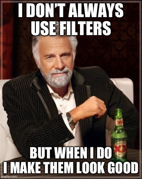 The Most Interesting Man In The World | I DON’T ALWAYS USE FILTERS; BUT WHEN I DO I MAKE THEM LOOK GOOD | image tagged in memes,the most interesting man in the world | made w/ Imgflip meme maker
