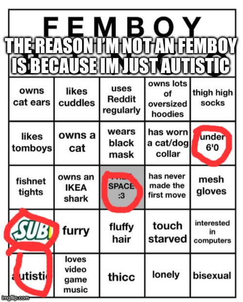 Femboy Bingo | THE REASON I’M NOT AN FEMBOY IS BECAUSE IM JUST AUTISTIC | image tagged in femboy bingo | made w/ Imgflip meme maker