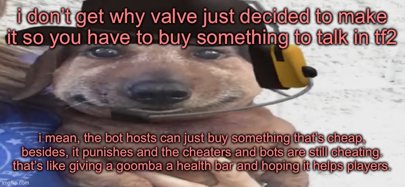 lazy ass band-aid solution | i don’t get why valve just decided to make it so you have to buy something to talk in tf2; i mean, the bot hosts can just buy something that’s cheap, besides, it punishes and the cheaters and bots are still cheating. that’s like giving a goomba a health bar and hoping it helps players. | image tagged in chucklenuts | made w/ Imgflip meme maker