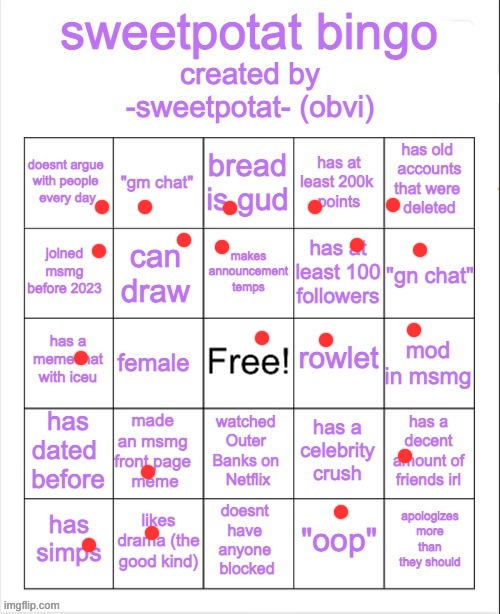sweetpotat bingo! | image tagged in sweetpotat bingo | made w/ Imgflip meme maker