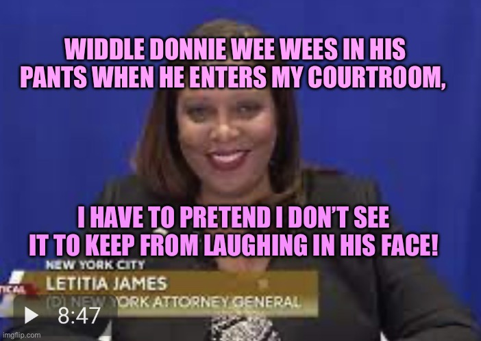 Petty Letitia james | WIDDLE DONNIE WEE WEES IN HIS PANTS WHEN HE ENTERS MY COURTROOM, I HAVE TO PRETEND I DON’T SEE IT TO KEEP FROM LAUGHING IN HIS FACE! | image tagged in letitia james pretty,donald trump,trump,letitia james | made w/ Imgflip meme maker