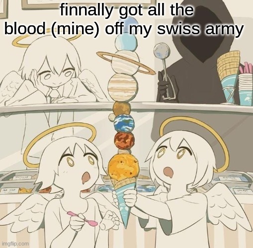 my combat one is only good at hacking not cuting | finnally got all the blood (mine) off my swiss army | image tagged in avogado6 | made w/ Imgflip meme maker