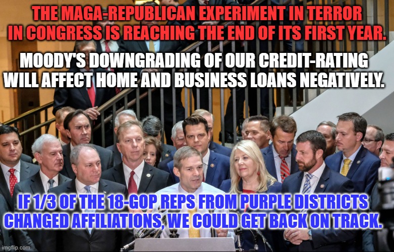 Will it take a criminal conviction of Trump to cure GOP'S political Schizophrenia? | THE MAGA-REPUBLICAN EXPERIMENT IN TERROR IN CONGRESS IS REACHING THE END OF ITS FIRST YEAR. MOODY'S DOWNGRADING OF OUR CREDIT-RATING WILL AFFECT HOME AND BUSINESS LOANS NEGATIVELY. IF 1/3 OF THE 18-GOP REPS FROM PURPLE DISTRICTS CHANGED AFFILIATIONS, WE COULD GET BACK ON TRACK. | image tagged in politics | made w/ Imgflip meme maker