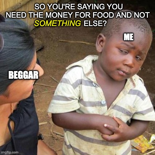 Are you sure its for food? | SO YOU'RE SAYING YOU NEED THE MONEY FOR FOOD AND NOT 
                ELSE? SOMETHING; ME; BEGGAR | image tagged in memes,third world skeptical kid | made w/ Imgflip meme maker