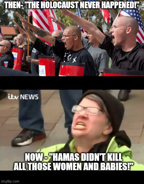 Neo-Nazis and Today's Liberal Protestor. | THEN- "THE HOLOCAUST NEVER HAPPENED!"; NOW - "HAMAS DIDN'T KILL ALL THOSE WOMEN AND BABIES!" | image tagged in neo nazis,liberal protestor,lies | made w/ Imgflip meme maker
