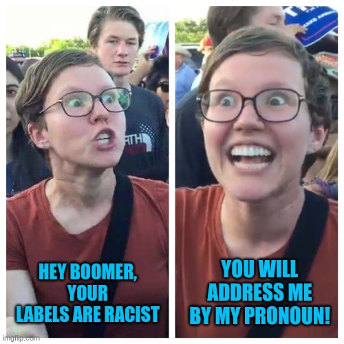 Confused? Me too | YOU WILL ADDRESS ME BY MY PRONOUN! HEY BOOMER, YOUR LABELS ARE RACIST | image tagged in social justice warrior hypocrisy,pronouns,racism | made w/ Imgflip meme maker
