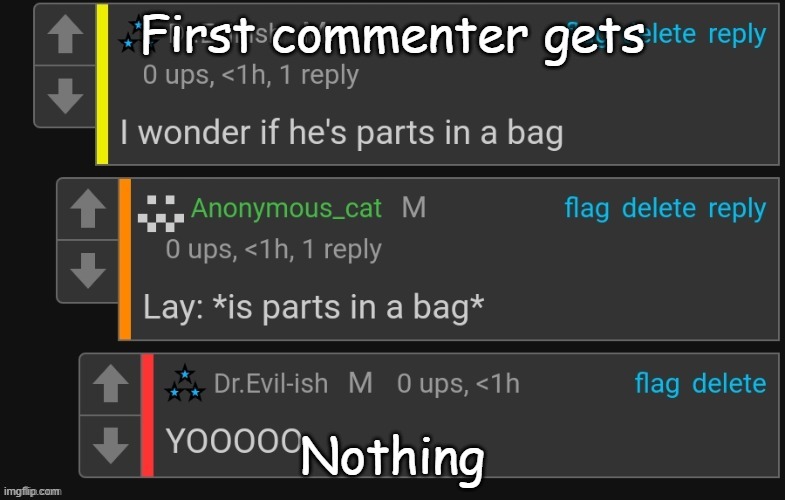I wonder if he's parts in a bag | First commenter gets; Nothing | image tagged in i wonder if he's parts in a bag | made w/ Imgflip meme maker