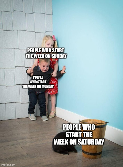 Oh come on, what's the point of the weekEND if it's the start of the week?! | PEOPLE WHO START 
THE WEEK ON SUNDAY; PEOPLE WHO START
THE WEEK ON MONDAY; PEOPLE WHO START THE WEEK ON SATURDAY | image tagged in kids afraid of rabbit,weekdays,weekend | made w/ Imgflip meme maker