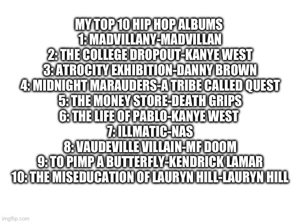 MY TOP 10 HIP HOP ALBUMS 
1: MADVILLANY-MADVILLAN
2: THE COLLEGE DROPOUT-KANYE WEST
3: ATROCITY EXHIBITION-DANNY BROWN
4: MIDNIGHT MARAUDERS-A TRIBE CALLED QUEST
5: THE MONEY STORE-DEATH GRIPS
6: THE LIFE OF PABLO-KANYE WEST 
7: ILLMATIC-NAS
8: VAUDEVILLE VILLAIN-MF DOOM
9: TO PIMP A BUTTERFLY-KENDRICK LAMAR
10: THE MISEDUCATION OF LAURYN HILL-LAURYN HILL | image tagged in hip hop,album | made w/ Imgflip meme maker