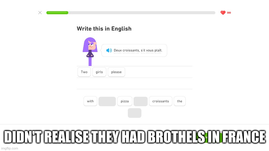 didn't realise there were brothels in france | DIDN'T REALISE THEY HAD BROTHELS IN FRANCE | image tagged in duolingo,french,oh crap,ayo | made w/ Imgflip meme maker
