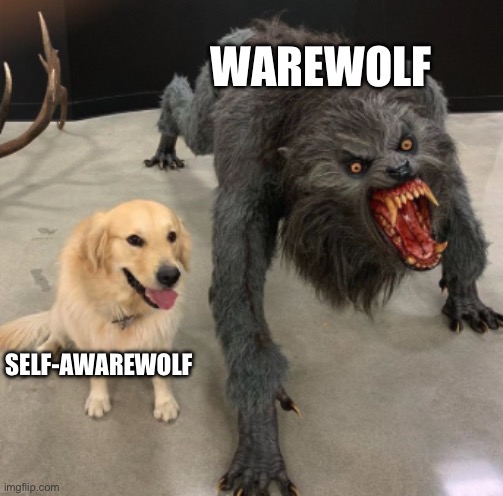 Self-aware | WAREWOLF; SELF-AWAREWOLF | image tagged in dog vs warewolf,awareness | made w/ Imgflip meme maker