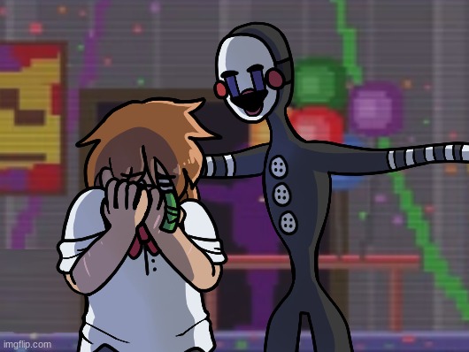 he doesn't know (art by me!) | image tagged in fnaf,five nights at freddy's,henry emily,charlie emily,the puppet | made w/ Imgflip meme maker