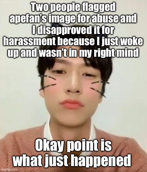 Uhh my internet is bad atm so I probably didn’t disapprove it | Two people flagged apefan’s image for abuse and I disapproved it for harassment because I just woke up and wasn’t in my right mind; Okay point is what just happened | image tagged in i m high number 2 | made w/ Imgflip meme maker