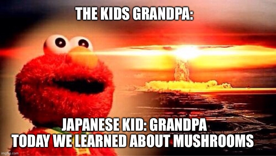 Blud must be having flashbacks | THE KIDS GRANDPA:; JAPANESE KID: GRANDPA TODAY WE LEARNED ABOUT MUSHROOMS | image tagged in elmo nuclear explosion | made w/ Imgflip meme maker