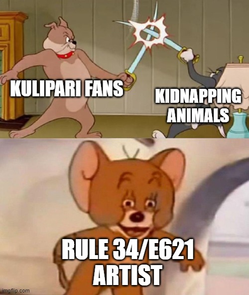 stinger is a young scorpion man...... | KULIPARI FANS; KIDNAPPING ANIMALS; RULE 34/E621
ARTIST | image tagged in tom and jerry swordfight,kulipari,rule 34 | made w/ Imgflip meme maker