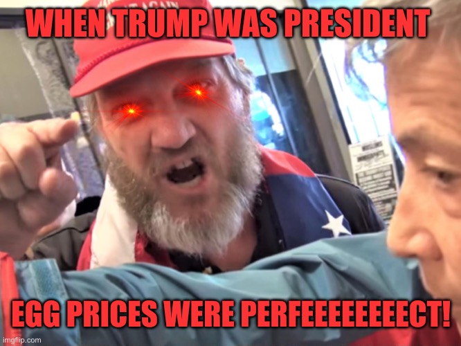 Angry Trump Supporter | WHEN TRUMP WAS PRESIDENT EGG PRICES WERE PERFEEEEEEEECT! | image tagged in angry trump supporter | made w/ Imgflip meme maker