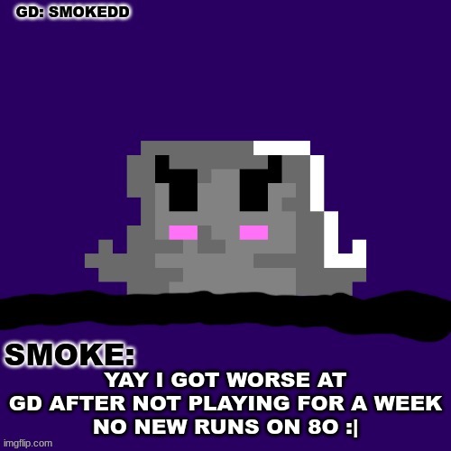 7% on acu intensifies | YAY I GOT WORSE AT GD AFTER NOT PLAYING FOR A WEEK
NO NEW RUNS ON 8O :| | image tagged in smoke announcement thing | made w/ Imgflip meme maker