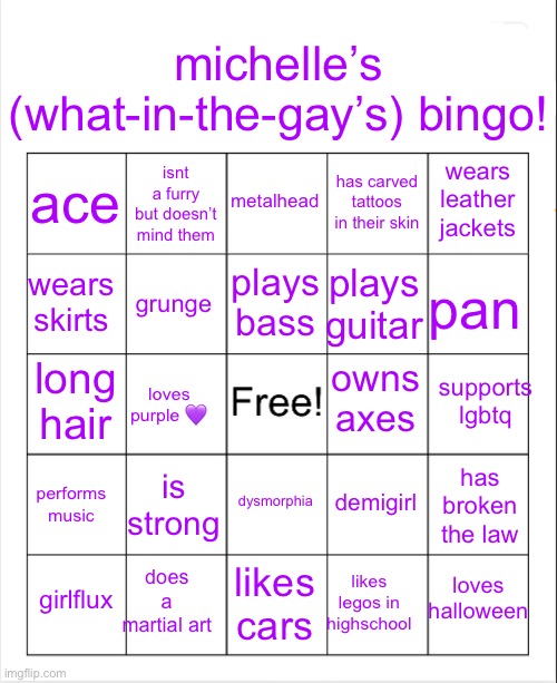 im back | michelle’s (what-in-the-gay’s) bingo! metalhead; isnt a furry but doesn’t mind them; wears leather jackets; ace; has carved tattoos in their skin; plays bass; wears skirts; pan; plays guitar; grunge; owns axes; long hair; loves purple 💜; supports lgbtq; is strong; dysmorphia; demigirl; has broken the law; performs music; loves halloween; likes legos in highschool; does a martial art; girlflux; likes cars | image tagged in blank bingo,back again,shadys back,tell a friend | made w/ Imgflip meme maker