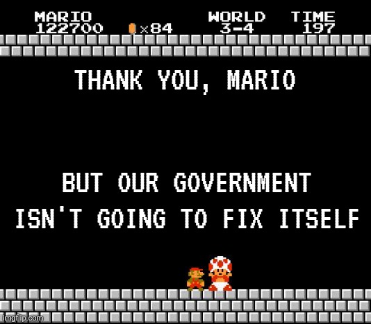 Sounds about right | THANK YOU, MARIO; BUT OUR GOVERNMENT ISN'T GOING TO FIX ITSELF | image tagged in thank you mario | made w/ Imgflip meme maker