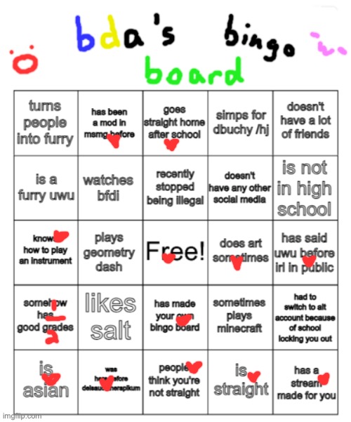 bored so im spamming bingos | image tagged in bda bingo board | made w/ Imgflip meme maker