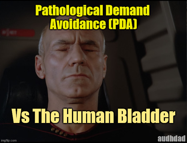 PDA vs Bladder | Pathological Demand 
Avoidance (PDA); Vs The Human Bladder; audhdad | image tagged in picard vs inner struggle,memes,picard,audhd,bladder,pda | made w/ Imgflip meme maker