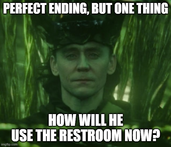 Burdened with Glorious Purpose | PERFECT ENDING, BUT ONE THING; HOW WILL HE USE THE RESTROOM NOW? | image tagged in marvel,loki | made w/ Imgflip meme maker