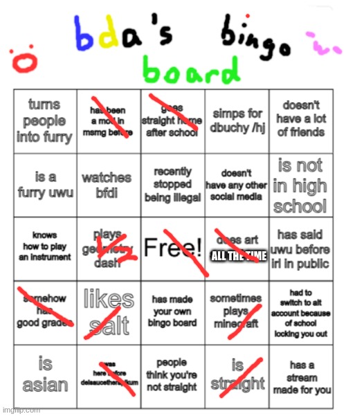 bda bingo board | ALL THE TIME | image tagged in bda bingo board | made w/ Imgflip meme maker