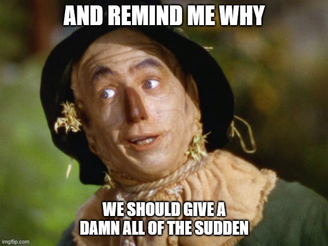 Scarecrow Says | AND REMIND ME WHY; WE SHOULD GIVE A DAMN ALL OF THE SUDDEN | image tagged in scarecrow says | made w/ Imgflip meme maker