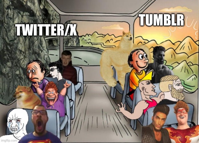 Twitter vs Tumblr | TUMBLR; TWITTER/X | image tagged in several happy guys on bus vs several sad guys on bus,twitter,x,tumblr | made w/ Imgflip meme maker
