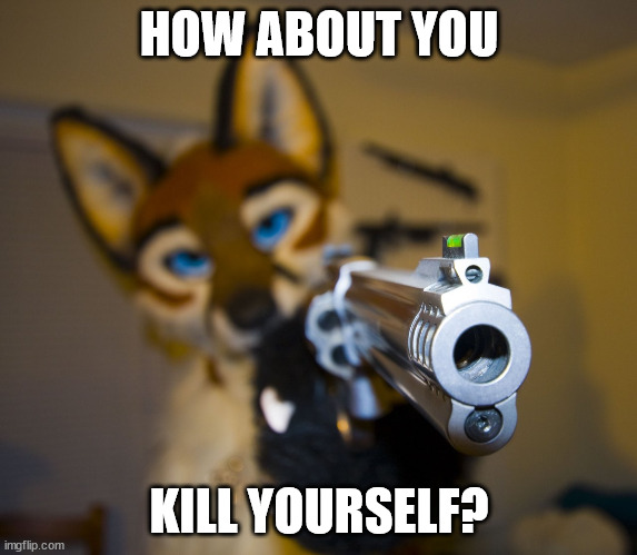 Furry with gun | HOW ABOUT YOU KILL YOURSELF? | image tagged in furry with gun | made w/ Imgflip meme maker