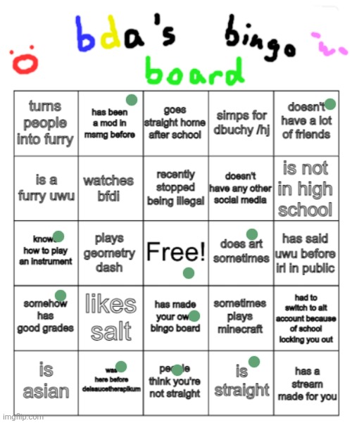 i would not simp for my daughter that's crazy | image tagged in bda bingo board | made w/ Imgflip meme maker