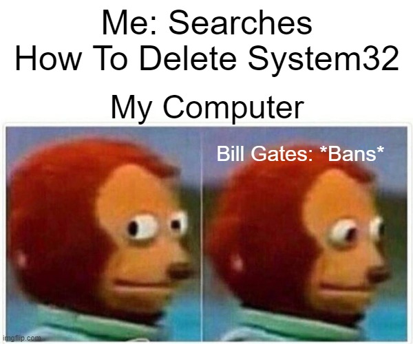 Dpon't Make The Same Mistake I Did | Me: Searches How To Delete System32; My Computer; Bill Gates: *Bans* | image tagged in memes,monkey puppet,computer,system | made w/ Imgflip meme maker