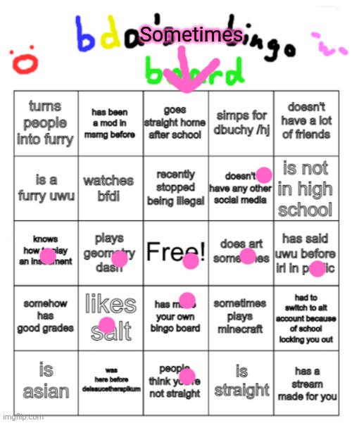 bda bingo board | Sometimes | image tagged in bda bingo board | made w/ Imgflip meme maker