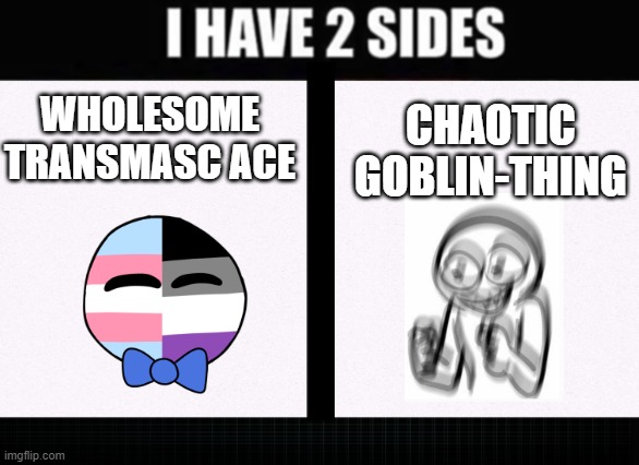I have two sides | CHAOTIC GOBLIN-THING; WHOLESOME TRANSMASC ACE | image tagged in i have two sides | made w/ Imgflip meme maker