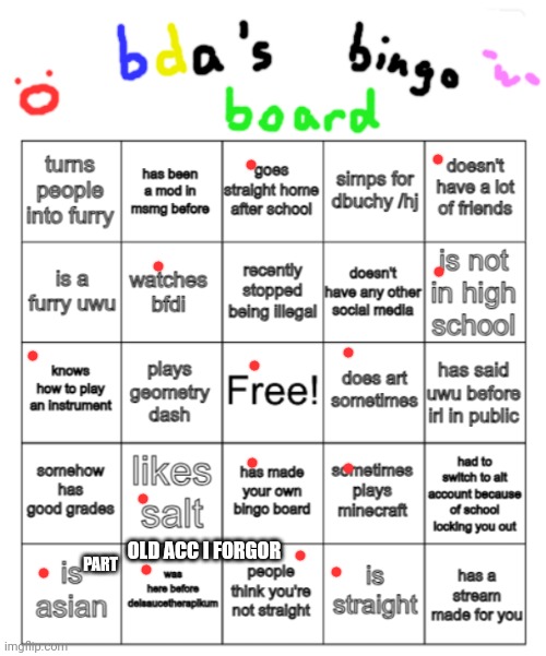 bda bingo board | OLD ACC I FORGOR; PART | image tagged in bda bingo board | made w/ Imgflip meme maker