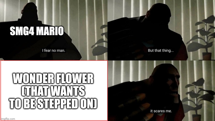 Remember that episode? | SMG4 MARIO; WONDER FLOWER (THAT WANTS TO BE STEPPED ON) | image tagged in tf2 heavy i fear no man | made w/ Imgflip meme maker