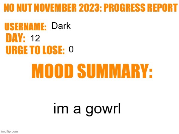 No Nut November 2023 Progress Report | Dark; 12; 0; im a gowrl | image tagged in no nut november 2023 progress report | made w/ Imgflip meme maker