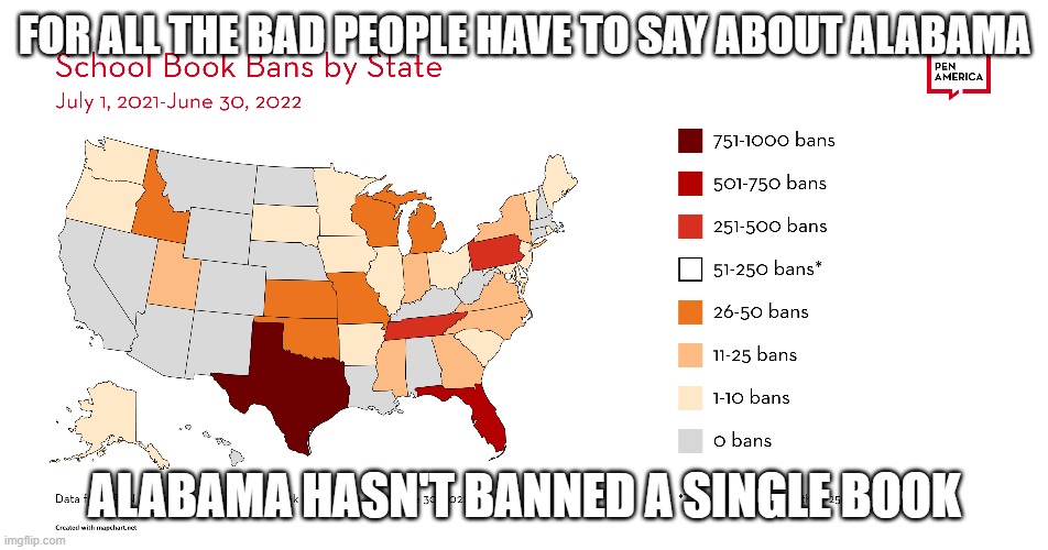 Alabama Book Bans | FOR ALL THE BAD PEOPLE HAVE TO SAY ABOUT ALABAMA; ALABAMA HASN'T BANNED A SINGLE BOOK | made w/ Imgflip meme maker